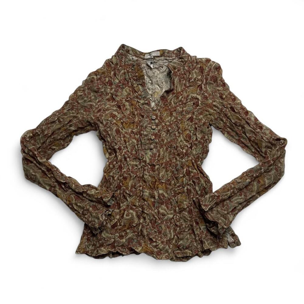 Marissa Brown & green floral long sleeve blouse ruffles button up front size 6
